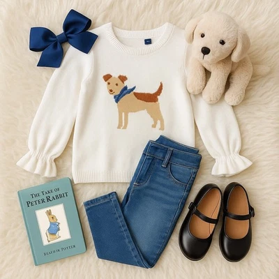 Janie and Jack Ruffle Cuff Dog Sweater | Jet Ivory White Cotton | Girls Size 5 - Image 1 of 4