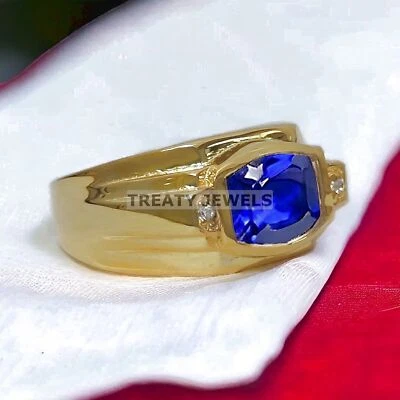 Anillo chapado en oro de plata de ley 925 con corte cojín de zafiro azul para hombre #287 Foto 1 de 4