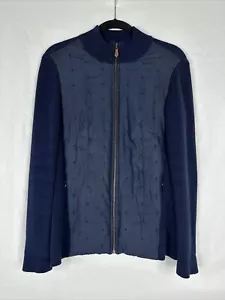 J McLaughlin Quilted Silk Jacket Womens Size M Navy Blue Knit Long Sleeve - Picture 1 of 15