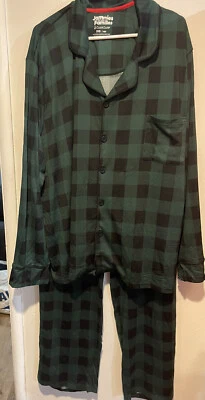 Cuddl Duds Big & Tall 男式绿色和黑色水牛格子套装睡衣全新带标签 3XB — 第 1/3 张图片