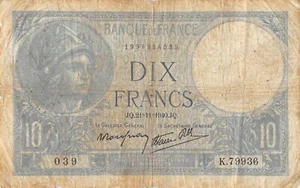 France 10 Francs 21.11.1940 Series K Circulated Banknote WPh - Picture 1 of 2