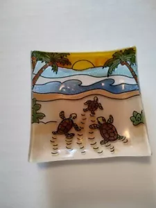 Hatching Baby Sea Turtle Fused Art Glass Sm Square Plate Dish Ecuador Fair Trade - Picture 1 of 2