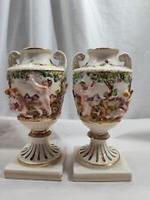 Vintage Pair of Hand Painted with Gold Gilt Trimming Italian Capodimonte Urns 7"