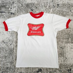 Vintage 90s Miller High Life Beer Ringer T Shirt Sz M Made In USA White Red