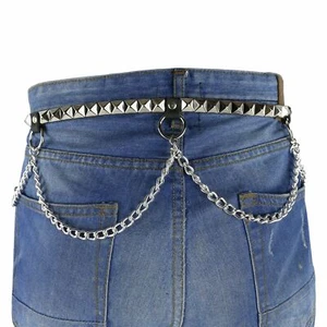 Cintura uomo jeans pelle borchiata metallo catena maglia piramidale 12 mm 1 fila B858 - Foto 1 di 4