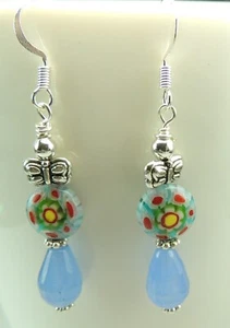 Multicolor Millefiori Dangle Earrings Agate Briolette Butterfiies Handmade - Picture 1 of 1