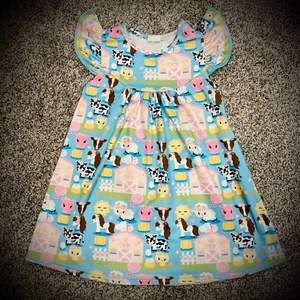 4T Niñas ANIMALES DE GRANJA GRANERO VESTIDO FLUTTER azul claro cerdo vaca verano ¡SUAVE! - Imagen 1 de 4