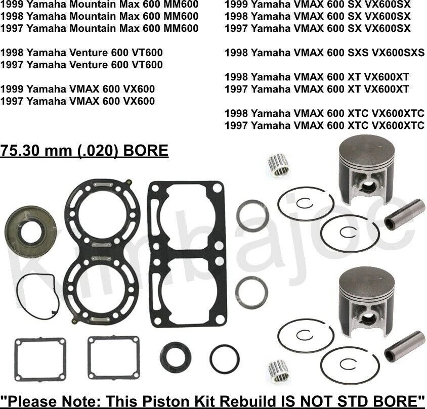 Yamaha 600 mm 1997 1998 1999 VMAX Venture 75,30 mm 0,020 diámetro kits de pistón reconstrucción Foto 1 de 1