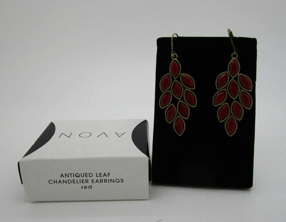 AVON Antiqued Leaf Chandelier Earrings - RED - Image 1 of 1