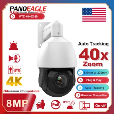PANOEAGLE Hikvision Compatible 360° 4K 8MP 40X PTZ IP Camera POE Audio+Alarm Auto Tracking