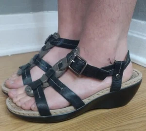 Clarks® Artisan Size 9 Black And Gold Leather Sling back Buckle Sandals - Picture 1 of 5