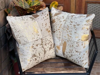 SET OF 2 GENUINE COW SKIN PATCH WORK LEATHER CUSHION COVERS , SIZE 18in × 18in - Image 1 of 4