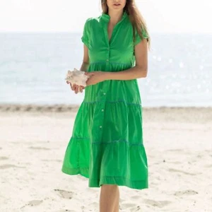 NWT Kia Moore Dress Erin Dress in Kelly Green with Blue Piping Size Medium - Picture 1 of 7