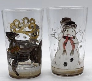 Reindeer & Snowman Drinking Glasses Set Of 2 Hand Painted Cute Unique Christmas - Picture 1 of 9