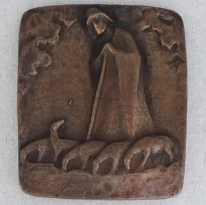 Vintage Mid Century Modernist Bronze Plaque Shepherd & Flock of Sheep 6½" - Picture 1 of 6