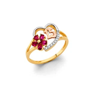 Womens 14k 3C Real Gold Red CZ Flower 15 Years Heart Ring Band Fancy Size 7 - Picture 1 of 1