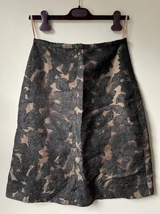 STUNNING NICOLE FAHRI Black Lace Overlay Nude 100% Silk A line Skirt 10 - Picture 1 of 6