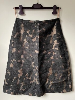 STUNNING NICOLE FAHRI Black Lace Overlay Nude 100% Silk A line Skirt 10 - Image 1 of 4