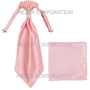 New 100% Polyester Men's Horizontal Stripes Ascot Cravat Hankie Party Pink - Picture 1 of 3