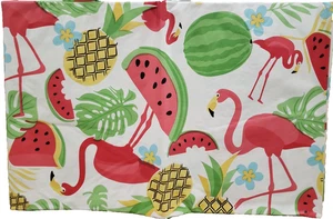 Flannel Back Vinyl Tablecloth, 60" Round, SUMMER FRUITS, FLAMINGOS & LEAVES, HP - Picture 1 of 11