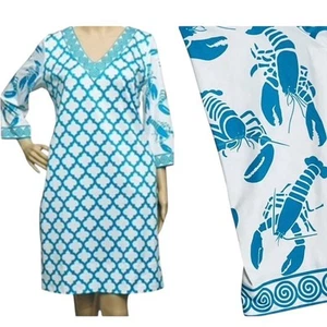 Gretchen Scott Vestito Turchese Stampa Aragosta/Piastrelle Pullover Maniche 3/4 Tg M $219 - Foto 1 di 16