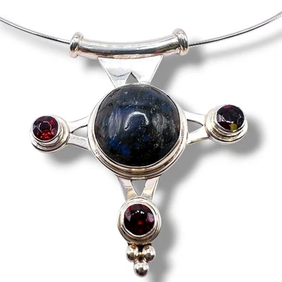 925 Sterling Silver Labradorite Garnet Pendant Necklace Modernist Signed SAJEN - Image 1 of 4