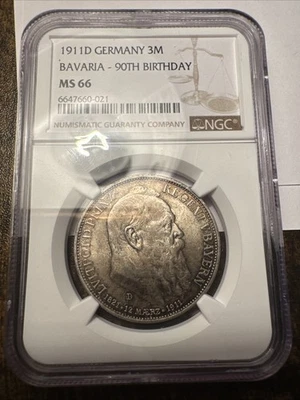 Germany 1911 D Bavaria 3 Mark NGC MS66 GEM - Image 1 of 4