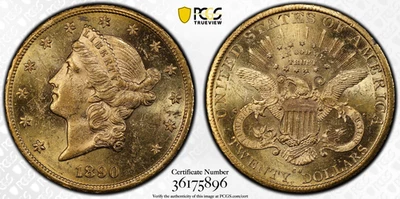 1890-CC PCGS MS61 $20 Gold Liberty Double Eagle PQ Foto 1 de 4