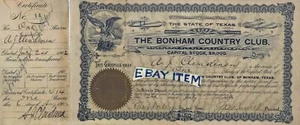1902 Albert Joseph Clendenen STOCK CERTIFICATE Texas BONHAM COUNTRY CLUB RusseLL - Picture 1 of 2