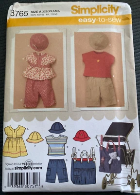 Simplicity Pattern 3765 Babies' Dress Top Pants T-Shirt Hat Stroller Bag  XXS-L - Image 1 of 2