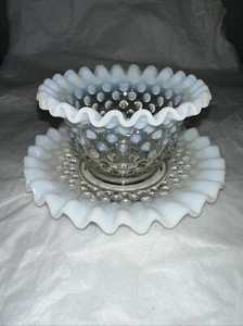 Vintage Fenton Blue Hobnail Ruffle Mayonnaise Bowl and Plate - Picture 1 of 13