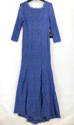 Adrianna Papell Blue Lace Gown Size 10 Long Sleeve Scoop Neck Formal Mature NWT - Image 1 of 4