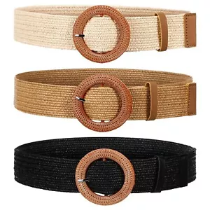 3 Pack Straw Woven Belts Braided Stretch Wide Waist Elastic Boho Belts for Women - Picture 1 of 9