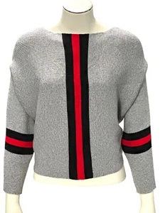CCC Gray Batwing Crop Top Sweater Red Black Stripes Chic Style Comfortable Versa - Picture 1 of 9