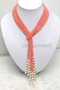 Collar suéter largo de 3 mm de coral rosa natural para mujer 3 hebras 45" - Imagen 1 de 6