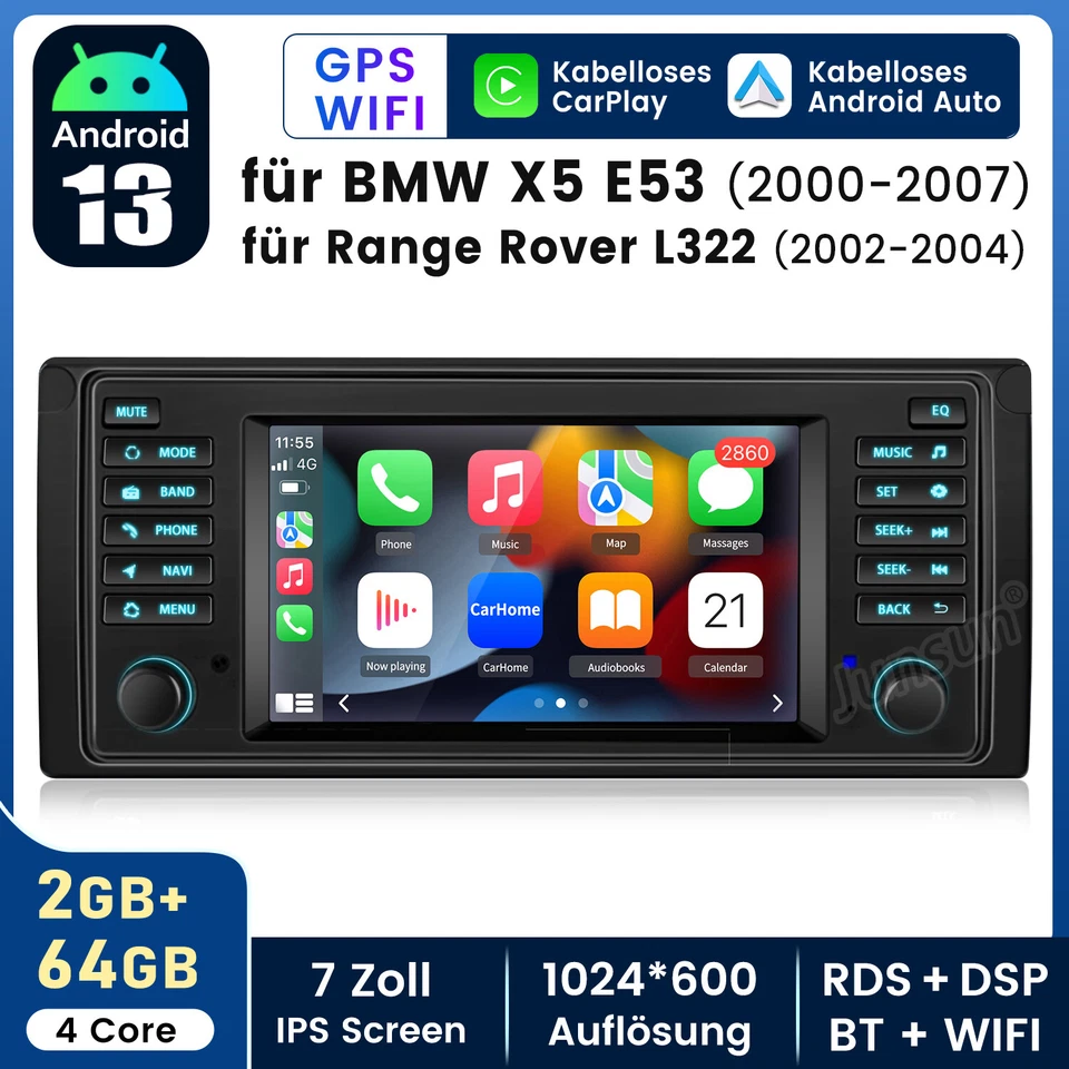 Für BMW E39 M5 JUNSUN E39A13 Android 14 Autoradio 7"GPS Navi CarPlay Radio Audio