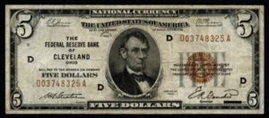 1929 $5 ¡El Banco de la Reserva Federal de Cleveland Ohio moneda nacional! MUY BIEN - Imagen 1 de 2