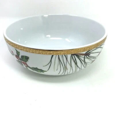 St. Nicholas Square HOLIDAY LAUREL 20oz Soup 6" Bowl Holly Berry Pine Cone Gold - Image 1 of 4
