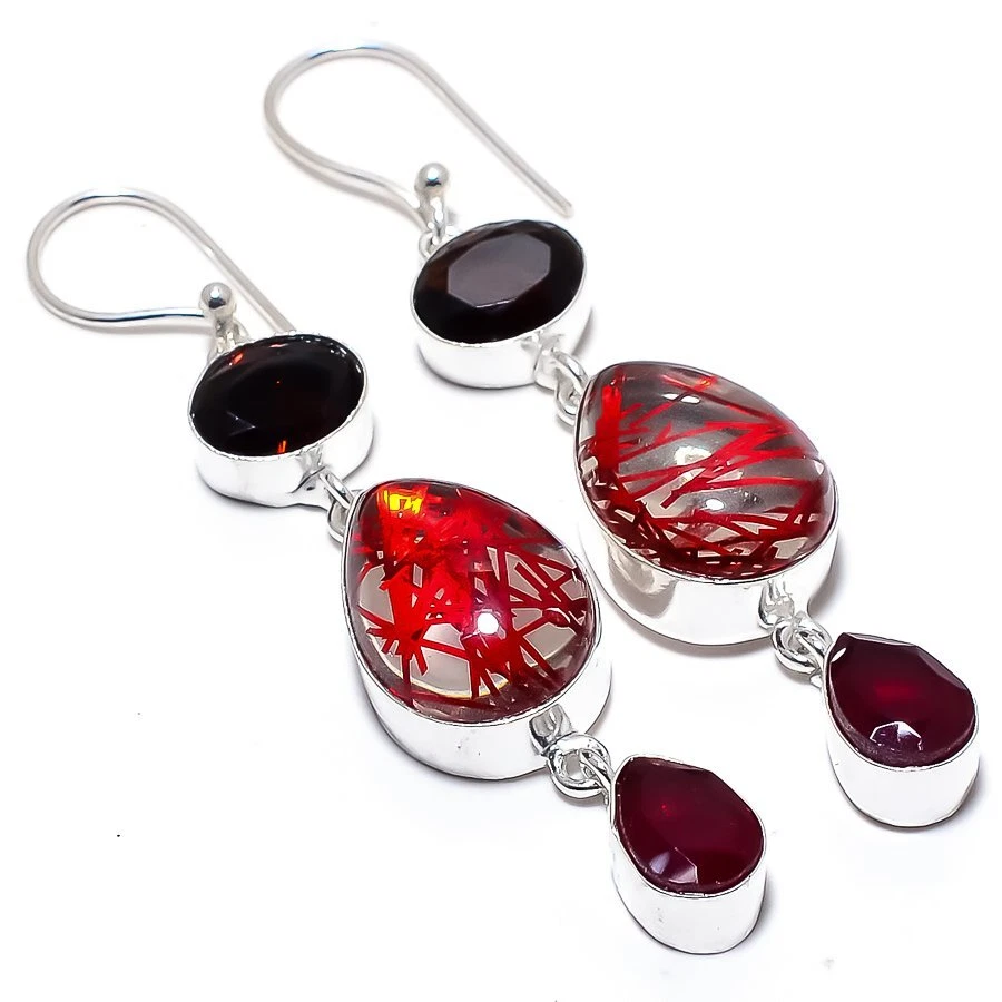 Red Rutile Quartz, Ruby Gemstone 925 Silver Jewelry Earring 2.7" R-2559 - Image 1 of 1