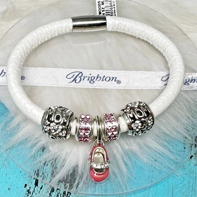 Brighton Woodstock Crystal MOM BABY GIRL White Charm Bracelet Charms Size ML NEW - Image 1 of 4