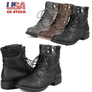 Women Winter Ankle Boots Round Toe Low Heel Lace Up Zipper Combat Military Boots - Picture 1 of 37