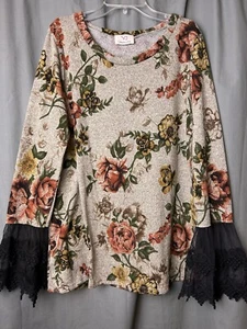 Vanilla Bay grau Blumen lange Volantärmel schwarz Spitze Rundhalsausschnitt Strick Top Gr. L - Bild 1 von 17