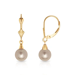 7 mm White Pearl Leverback Dangle Drop Earrings 14K Solid Yellow Gold - Picture 1 of 1