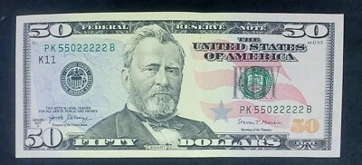 2017 A $50 DOLLAR BILL UNCIRCULATED 55022222 FANCY SERIAL NUMBER 5 IN A ROW - Image 1 of 4
