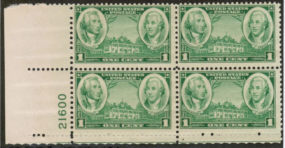 US USA Sc# 785 MNH FVF PLATE # BLOCK Washington Greene Mt. Vernon - Image 1 of 1