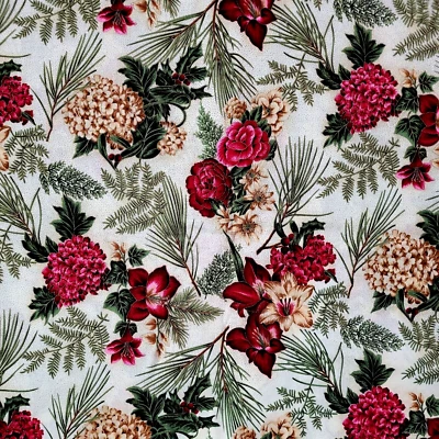 Hoffman WOODLAND WINTER Floral Red Brown Green Quilt Fabric 2yds - Image 1 of 4