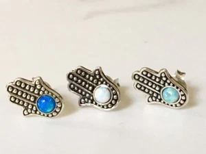925 Sterling Silver Hamsa Hand Fatima Opal Stud Earrings Women Girls Men 8x11mm - Picture 1 of 4