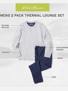 Eddie Bauer Mens 2 Piece Thermal Fleece Lounge Set Gray Top/Navy Pants Small NWT - Picture 1 of 7