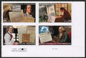 US USA Sc# 4024a MNH FVF PL# BLOCK Benjamin Franklin Statesman Postmaster - Picture 1 of 1