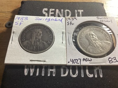 1933 AND 1939 5 FRANCS SWITZERLAND HELVETIA - KM# 40 - 83.5% SILVER # 212 - Image 1 of 2